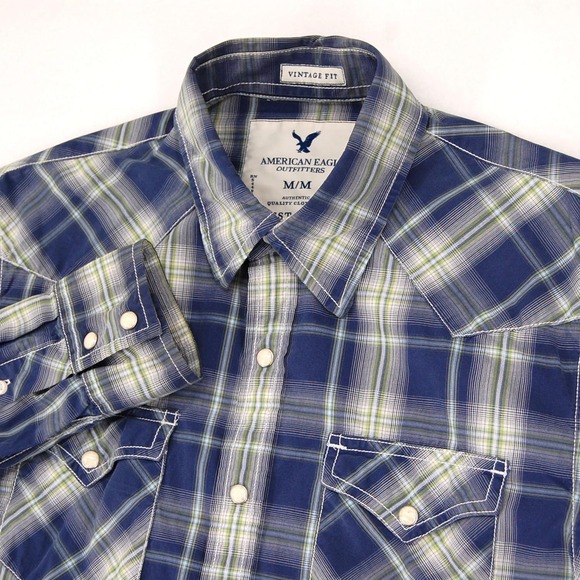 American Eagle Outfitters Shirt Mens Medium Blue Plaid Western Snap Vintage Fit - Picture 1 of 10